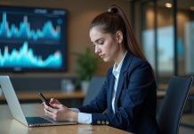 Fintech : les technologies clés pour le futur de la finance Jeune femme en bureau utilisant un smartphone pour la finance