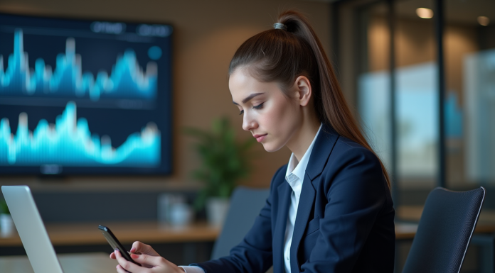 Jeune femme en bureau utilisant un smartphone pour la finance