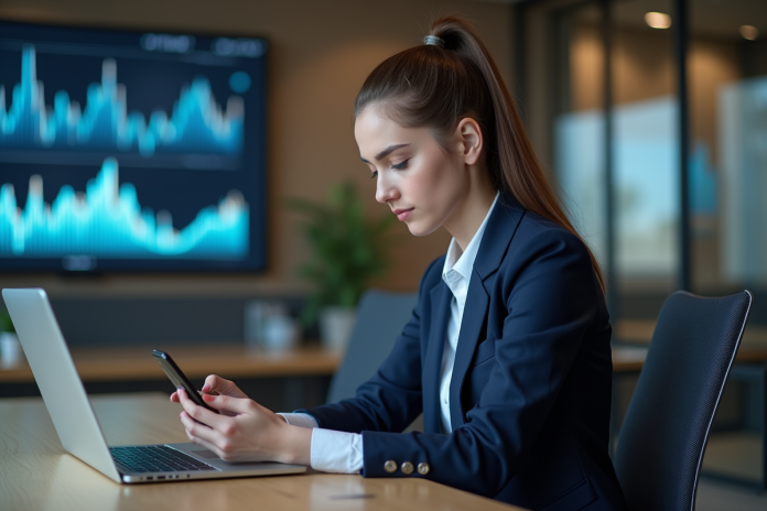 Jeune femme en bureau utilisant un smartphone pour la finance
