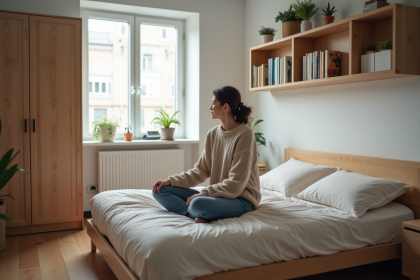 Jeune femme dans sa chambre organise des livres et étagères