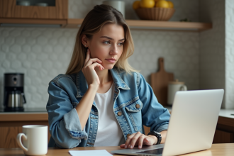 Jeune femme en denim et blanc qui étudie à la maison
