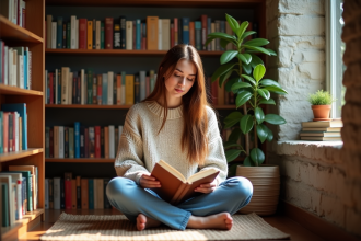 Jeune femme lisant dans une niche à livres chaleureuse