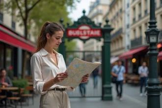 Jeune femme &eacute;tudie une carte pr&egrave;s d une entr&eacute;e de m&eacute;tro parisien