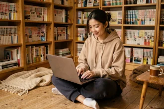 Jeune femme recherchant un manga oublié sur son ordinateur portable entourée de bibliothèques remplies de mangas