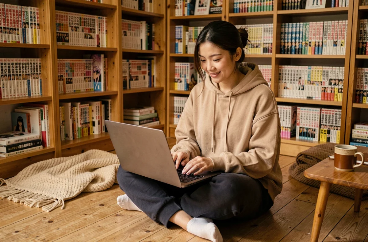 Jeune femme recherchant un manga oublié sur son ordinateur portable entourée de bibliothèques remplies de mangas
