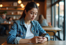 Faux noms sur réseaux sociaux : motivations et impacts sur usagers Jeune femme en café concentrée sur son smartphone