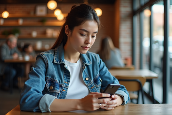 Jeune femme en café concentrée sur son smartphone