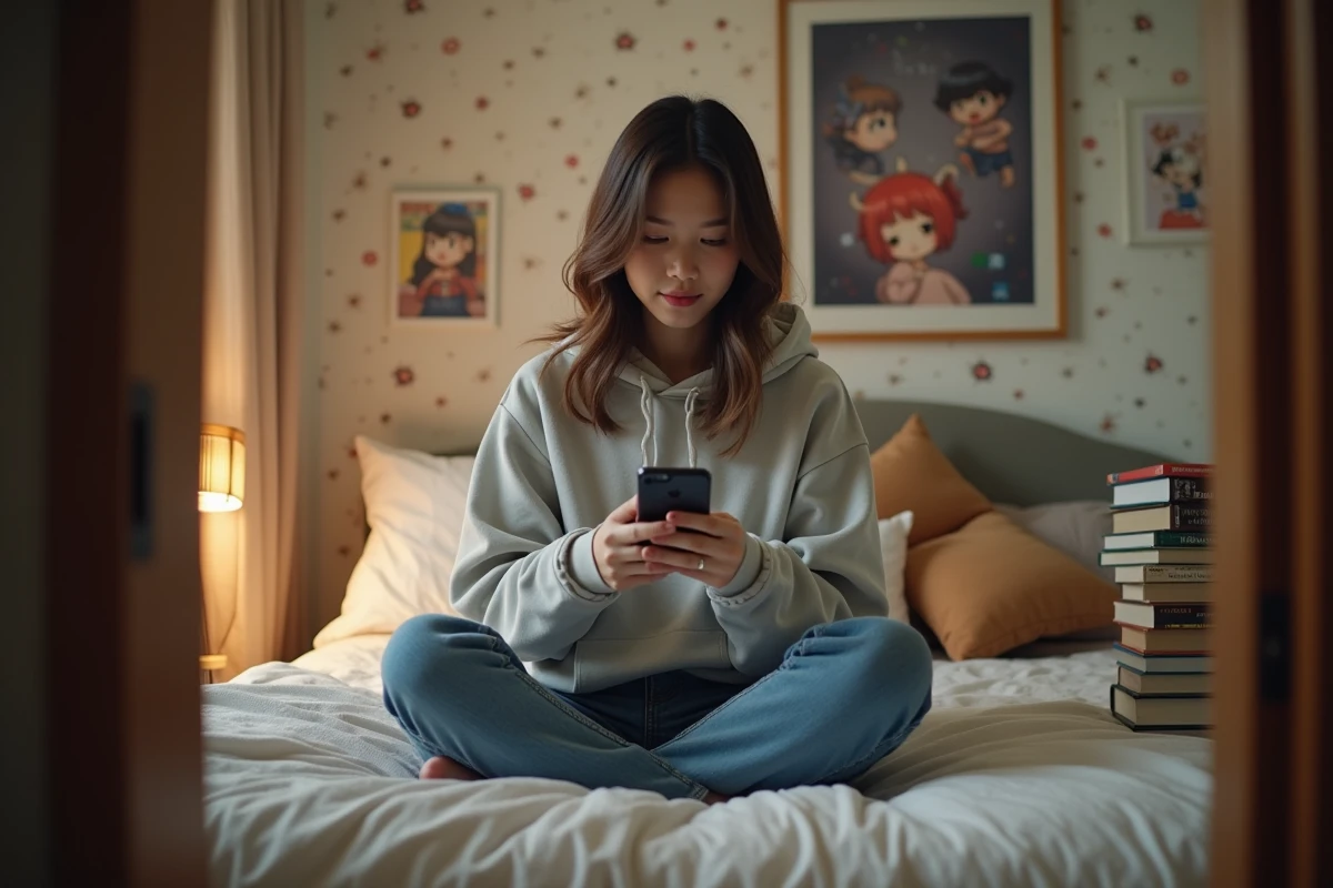 Jeune femme assise sur le lit avec smartphone dans une chambre cosy