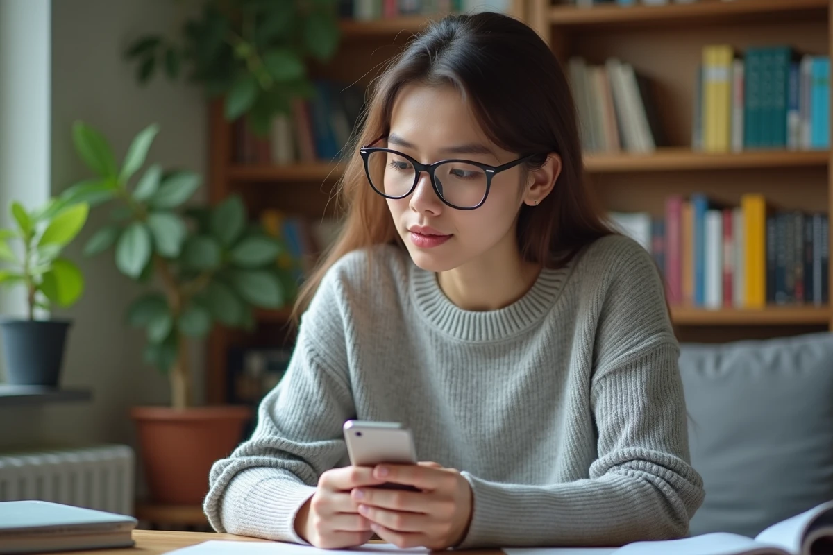 Jeune femme regardant son smartphone dans un salon cosy