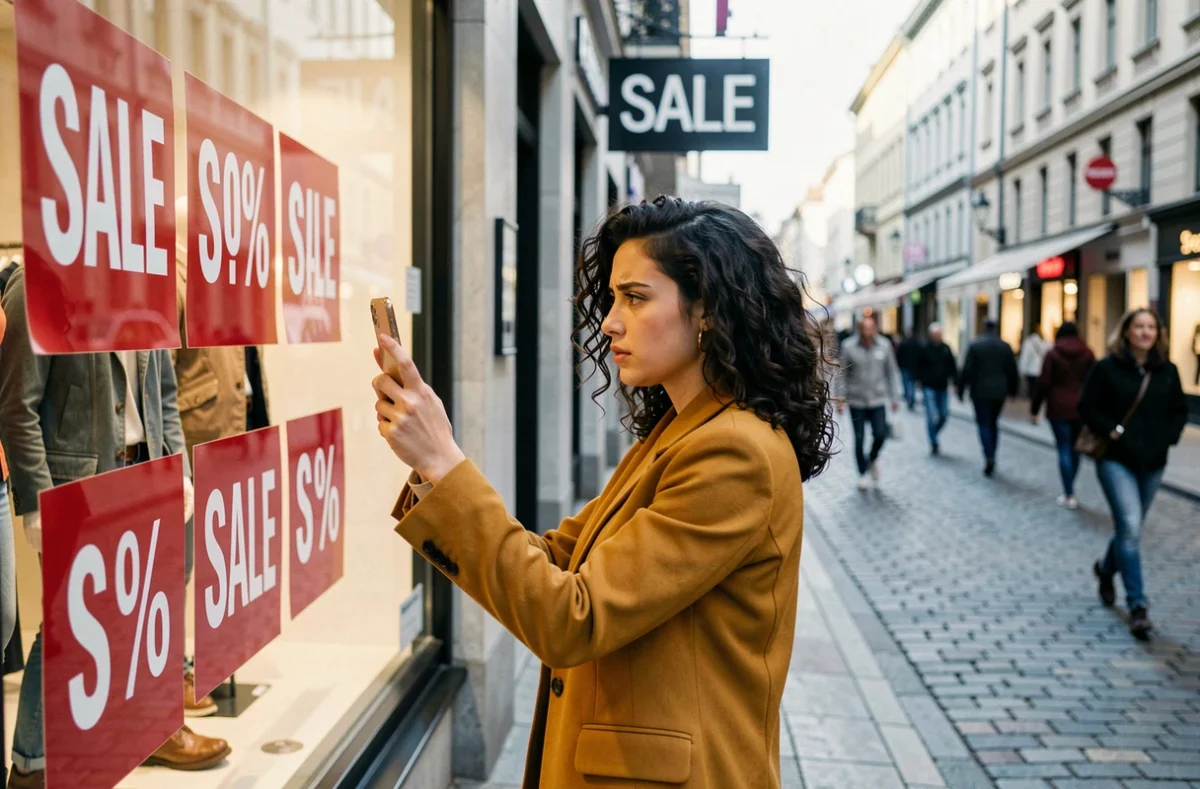 Jeune femme photographiant des affiches de soldes dans une vitrine de magasin en ville