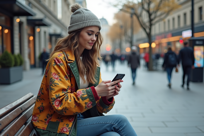 Jeune femme en streetwear tendance sur un banc urbain