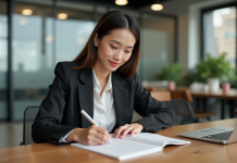 Les 3 piliers essentiels du peac : clés de réussite Jeune femme professionnelle note dans un coworking moderne