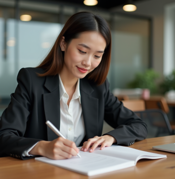 Les 3 piliers essentiels du peac : clés de réussite Jeune femme professionnelle note dans un coworking moderne