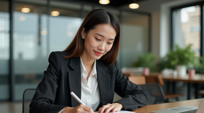 Jeune femme professionnelle note dans un coworking moderne