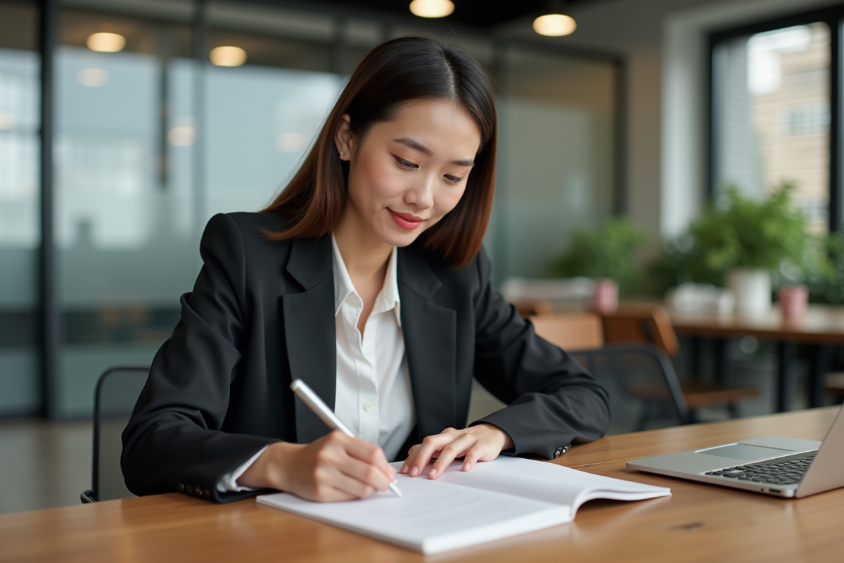 Jeune femme professionnelle note dans un coworking moderne