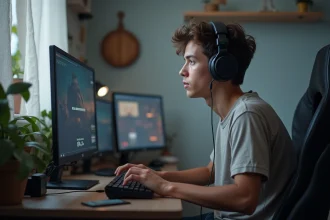 Jeune homme jouant à un jeu vidéo sur PC dans sa chambre