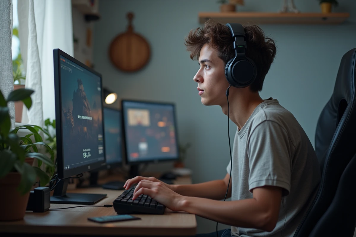 Jeune homme jouant à un jeu vidéo sur PC dans sa chambre