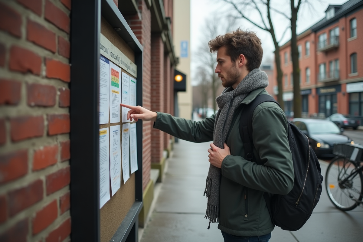 Jeune homme scrutant une affiche dans la rue