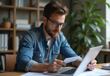 Textes générés par IA : comment les reconnaître ? Jeune homme en denim regarde son écran dans un bureau à domicile