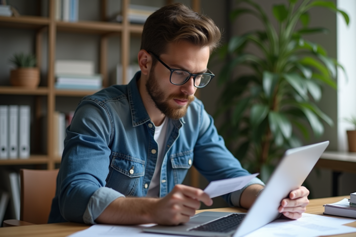 Jeune homme en denim regarde son écran dans un bureau à domicile