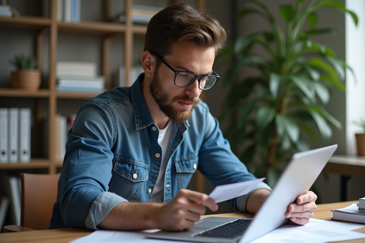 Jeune homme en denim regarde son écran dans un bureau à domicile