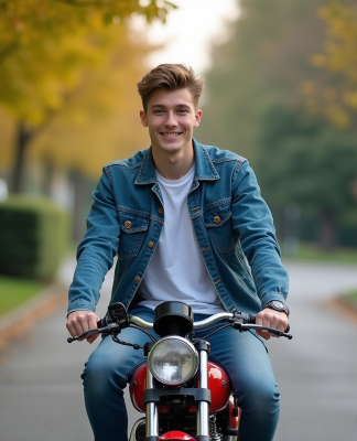 Jeune homme souriant sur une moto Dax 50 en extérieur