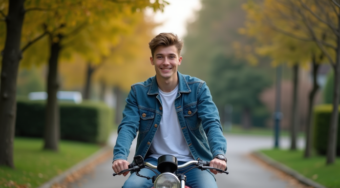 Jeune homme souriant sur une moto Dax 50 en extérieur