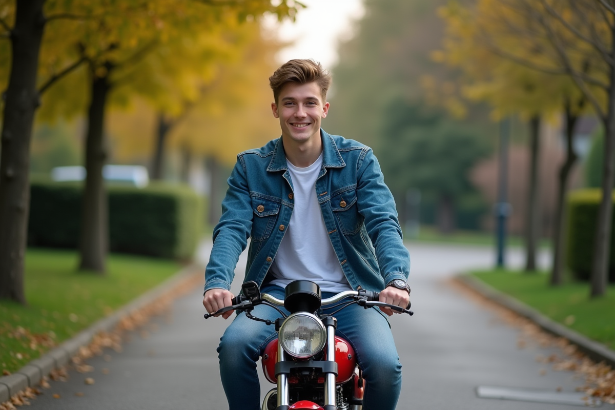 Jeune homme souriant sur une moto Dax 50 en extérieur