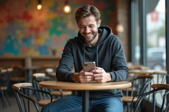 Jeune homme au café utilisant son smartphone avec sourire