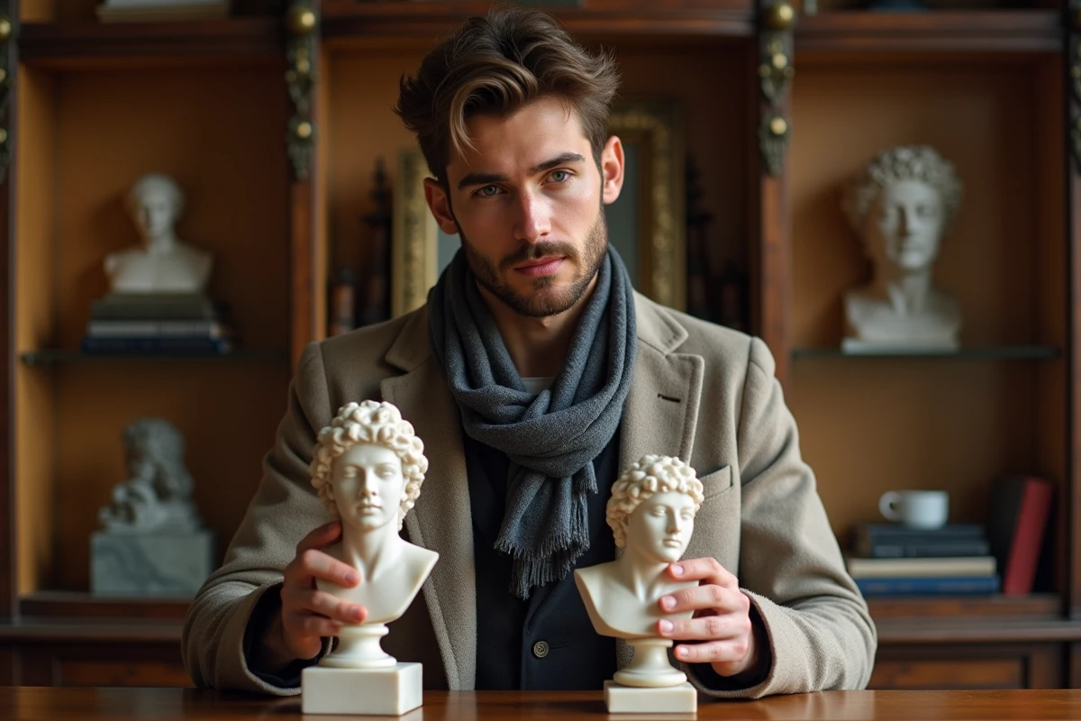 Jeune homme comparant deux statuettes grecques dans une boutique d