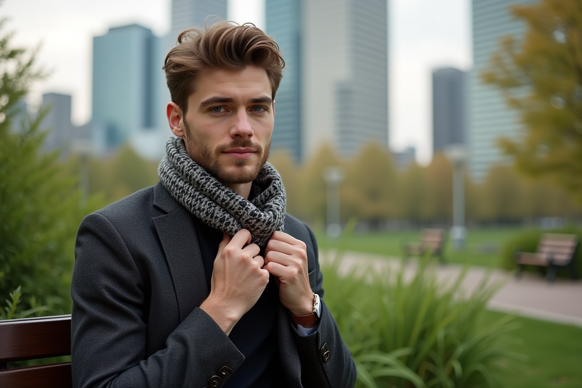 Jeune homme en tenue casual avec écharpe dans un parc