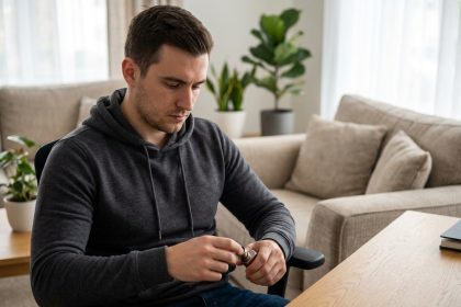 Jeune homme vapotant avec une cigarette électronique dans un environnement moderne