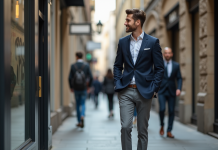 Jeune homme confiant dans la ville regardant son reflet