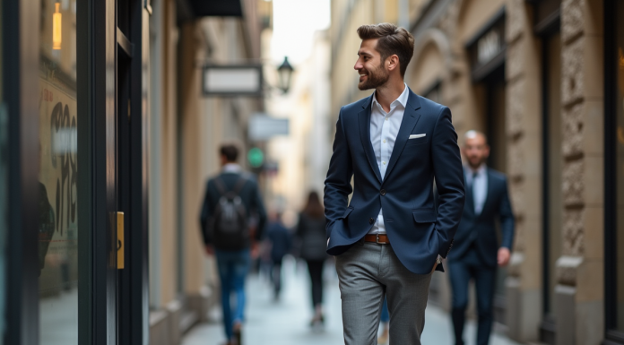 Jeune homme confiant dans la ville regardant son reflet