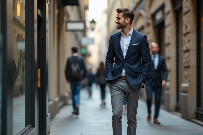 jeune-homme-ville-confiant Jeune homme confiant dans la ville regardant son reflet