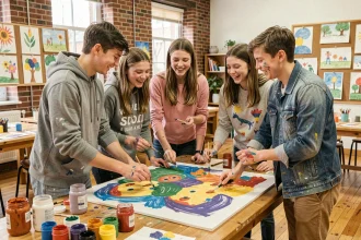 Groupe de jeunes adolescents peignant une fresque murale ensemble dans un centre social communautaire