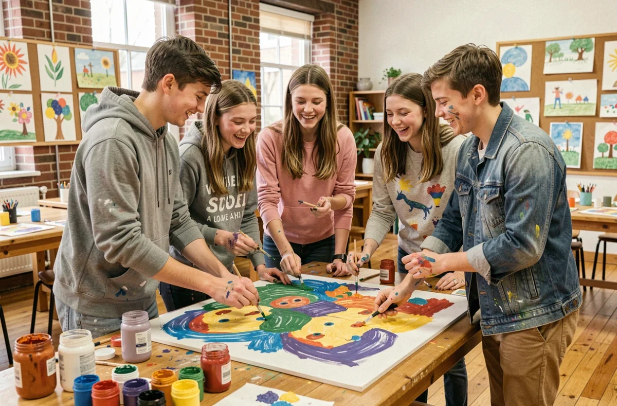 Groupe de jeunes adolescents peignant une fresque murale ensemble dans un centre social communautaire