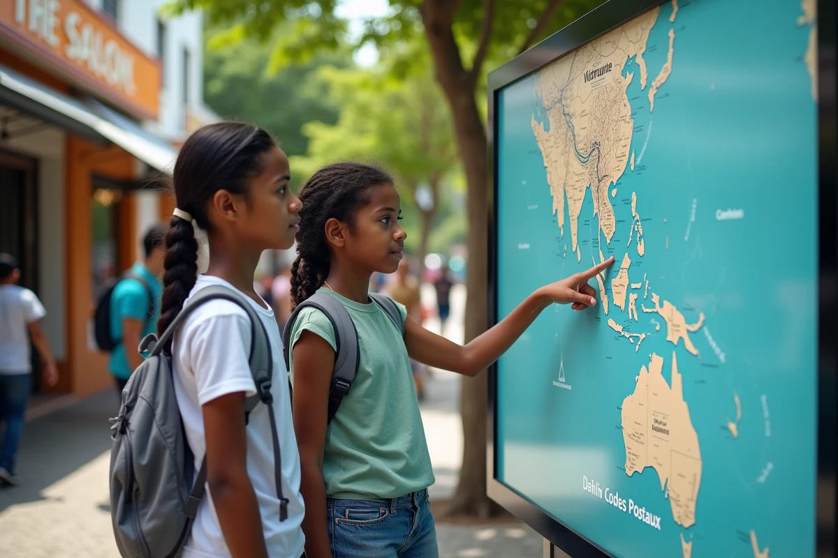 Deux adolescents mauriciens devant une carte des codes postaux