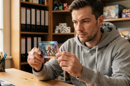Joueur de carte rare Last Stand tenant un code holographique précieux entre ses doigts, hésitant à l'utiliser immédiatement ou à le conserver