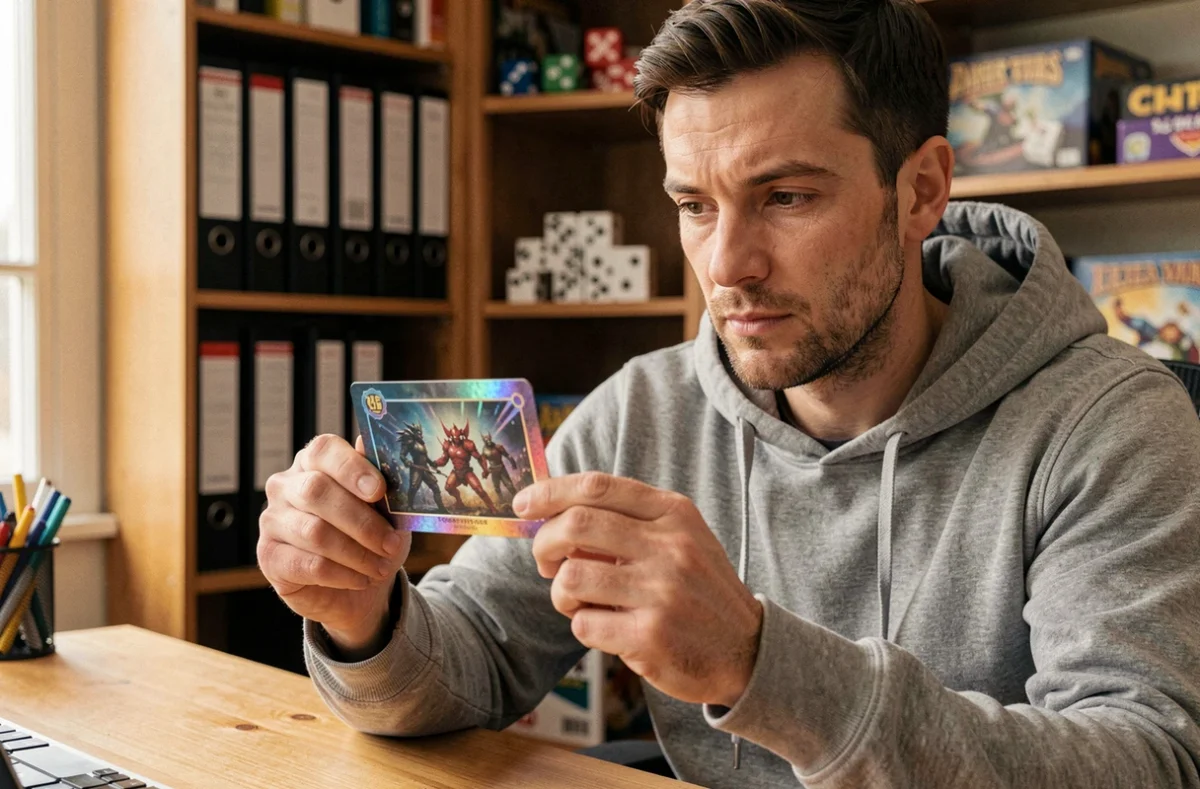 Joueur de carte rare Last Stand tenant un code holographique précieux entre ses doigts, hésitant à l'utiliser immédiatement ou à le conserver