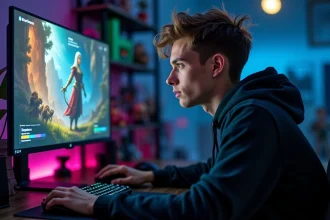 Joueur concentré devant son écran de jeu MMORPG avec interface de personnage et barres d'expérience visibles