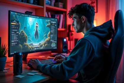 Joueur de jeu vidéo MMORPG concentré devant son écran avec interface de succès et quêtes visibles