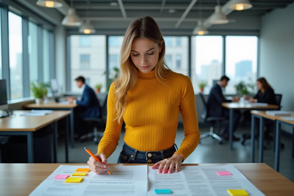 Journaliste annotant un brouillon imprimé avec des post-it dans une salle de rédaction professionnelle