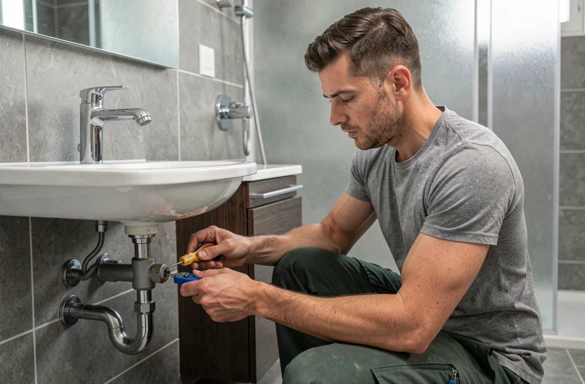 Plombier de JPL Plomberie réalisant une réparation sous un meuble vasque dans une salle de bain moderne à Fréjus