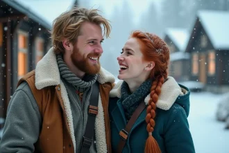 Couple romantique dans un village enneigé nordique évoquant l'univers de Kristoff et Anna de Disney Frozen