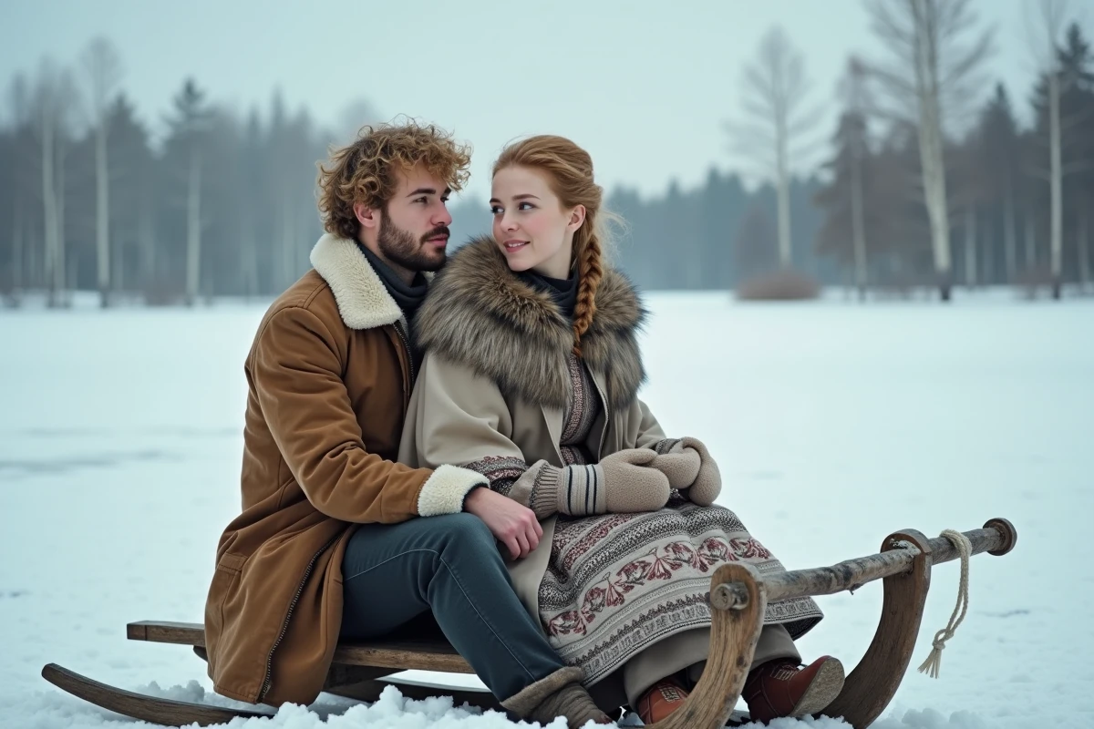 Couple assis sur un traineau rustique près d'un lac gelé en hiver, illustrant la romance entre Kristoff et Anna de Frozen Disney