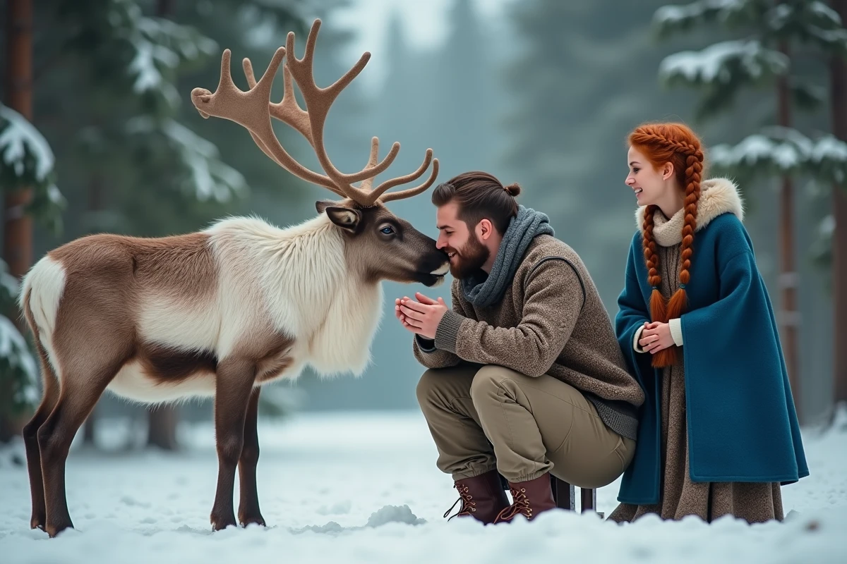 Homme et renne dans une forêt enneigée avec une jeune femme souriante, inspiré du duo Kristoff et Sven de Disney