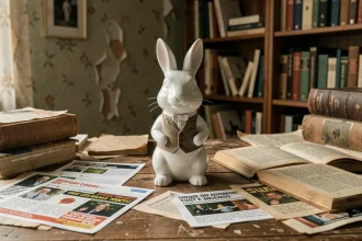 Figurine de lapin blanc en costume inspiré d'Alice au Pays des Merveilles posée sur un bureau vintage entouré de captures d'écran de mèmes internet