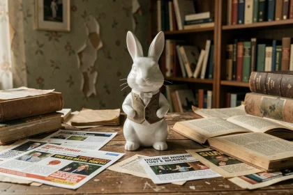 Figurine de lapin blanc en costume inspiré d'Alice au Pays des Merveilles posée sur un bureau vintage entouré de captures d'écran de mèmes internet
