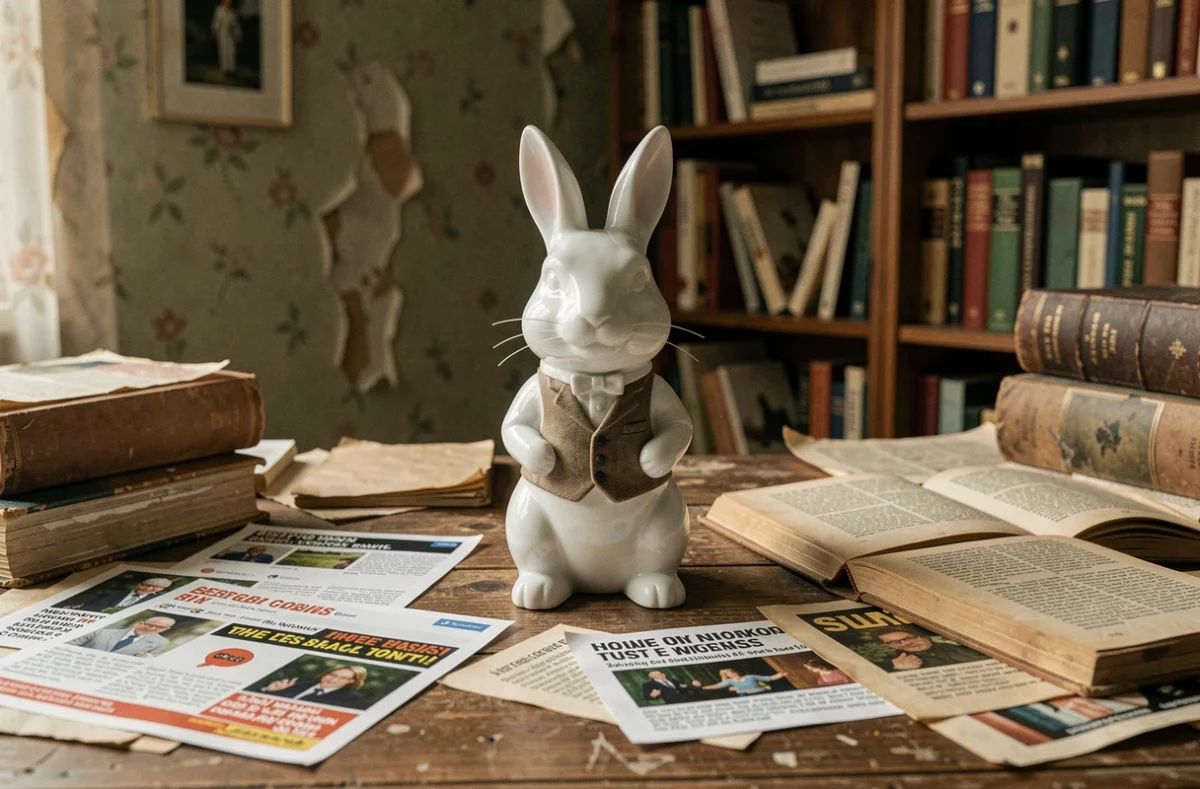 Figurine de lapin blanc en costume inspiré d'Alice au Pays des Merveilles posée sur un bureau vintage entouré de captures d'écran de mèmes internet